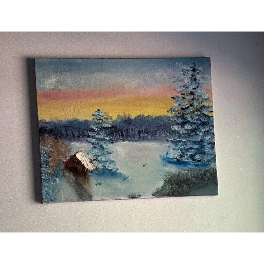 Vintage Original Oil Painting Pastel Sunset Cabin Woods Forest Landscape MCM